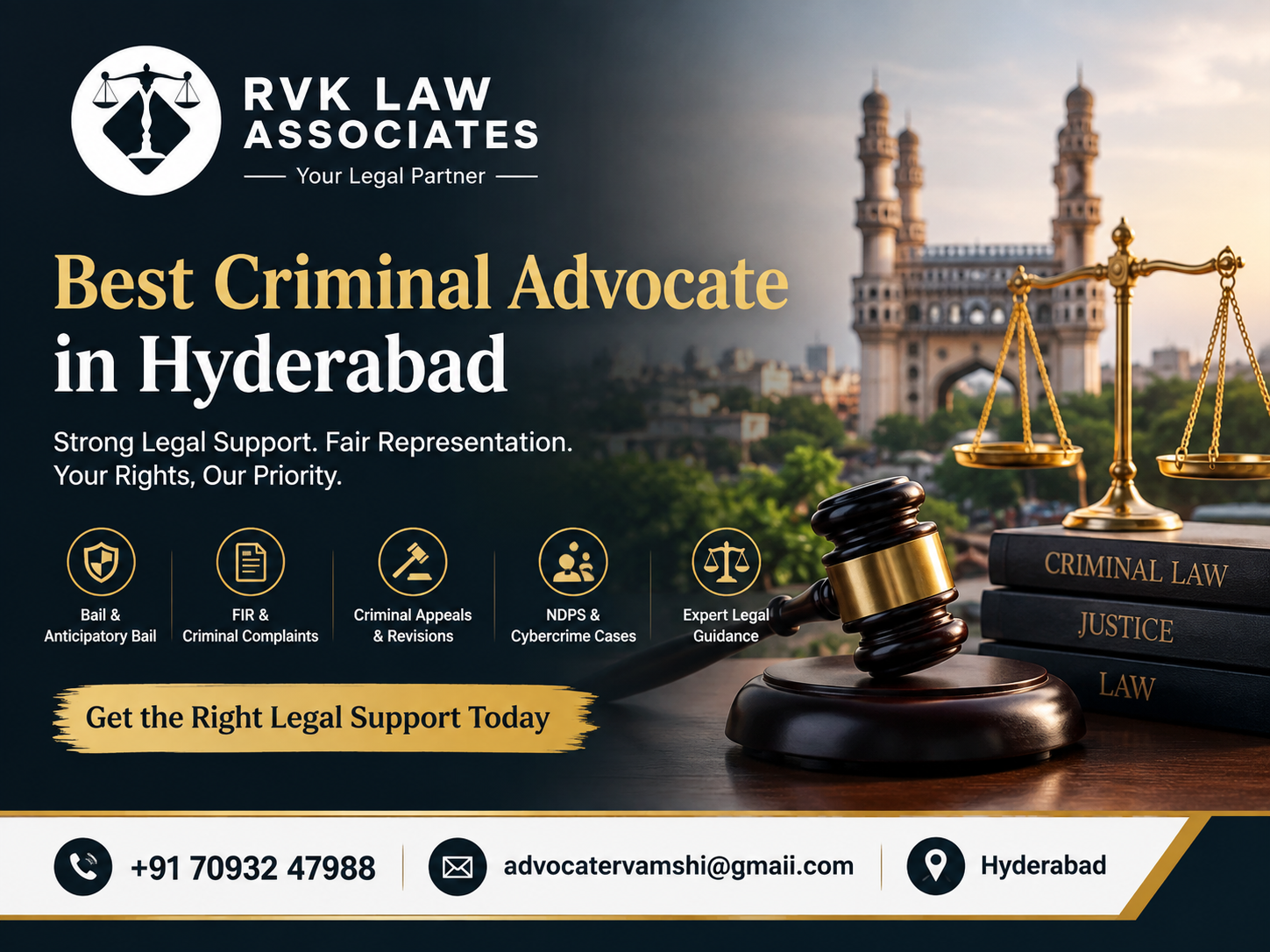 Best Criminal Advocate in Hyderabad – RVK Law Associates legal services banner with contact details.