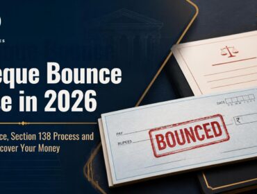 Cheque bounce case in 2026 showing a bounced cheque and legal documents