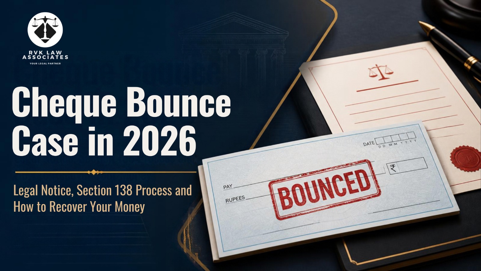 Cheque bounce case in 2026 showing a bounced cheque and legal documents